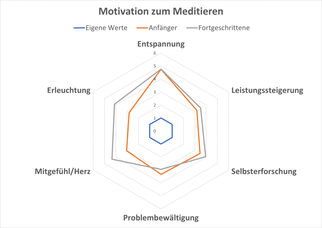 Spinnendiagramm mit der Auswertung von sechs Motivationen zu Meditation